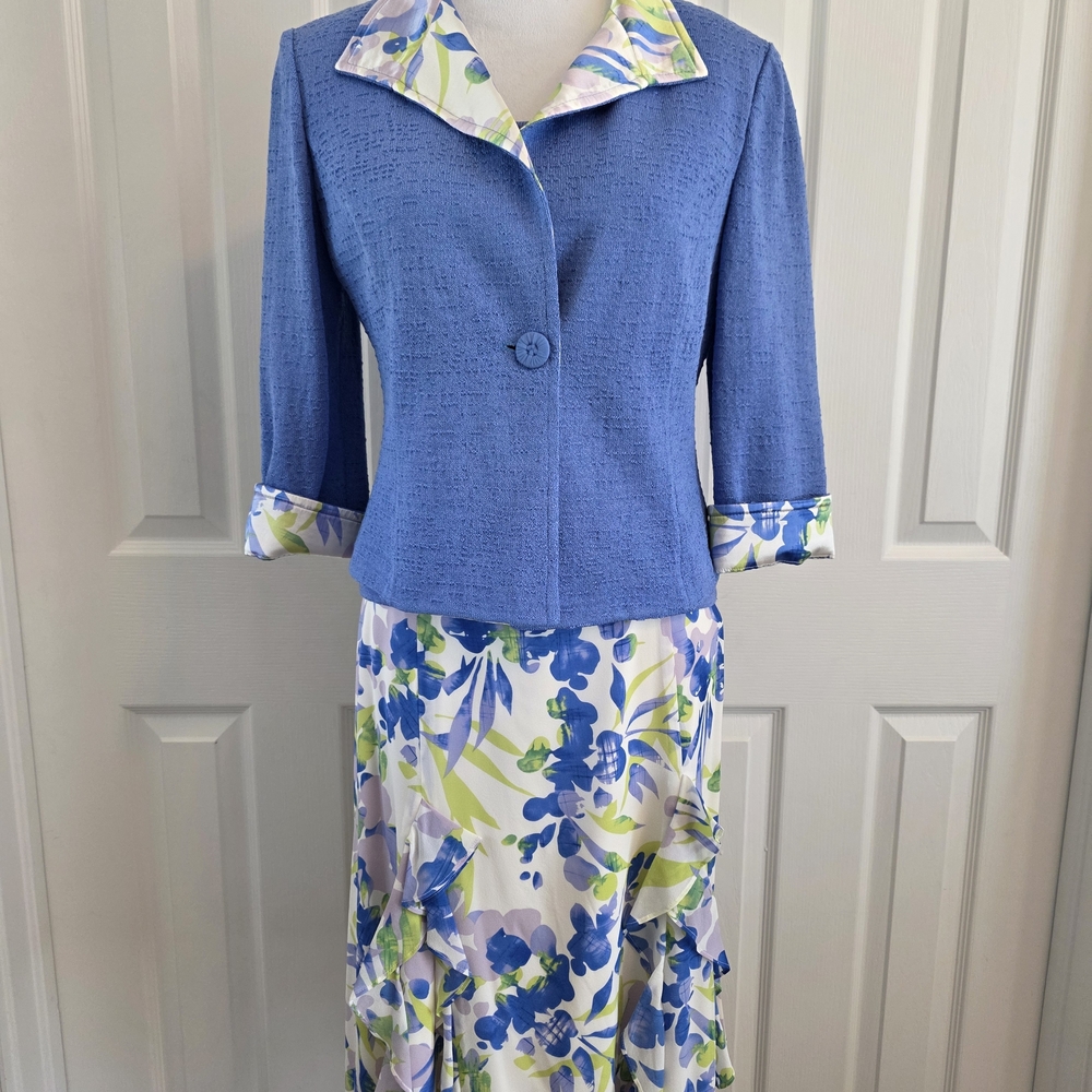 St John Santana Knit 3PC Suit Set Periwinkle Blazer/Shell/Silk Floral Skirt-SZ 6 - Picture 3 of 16